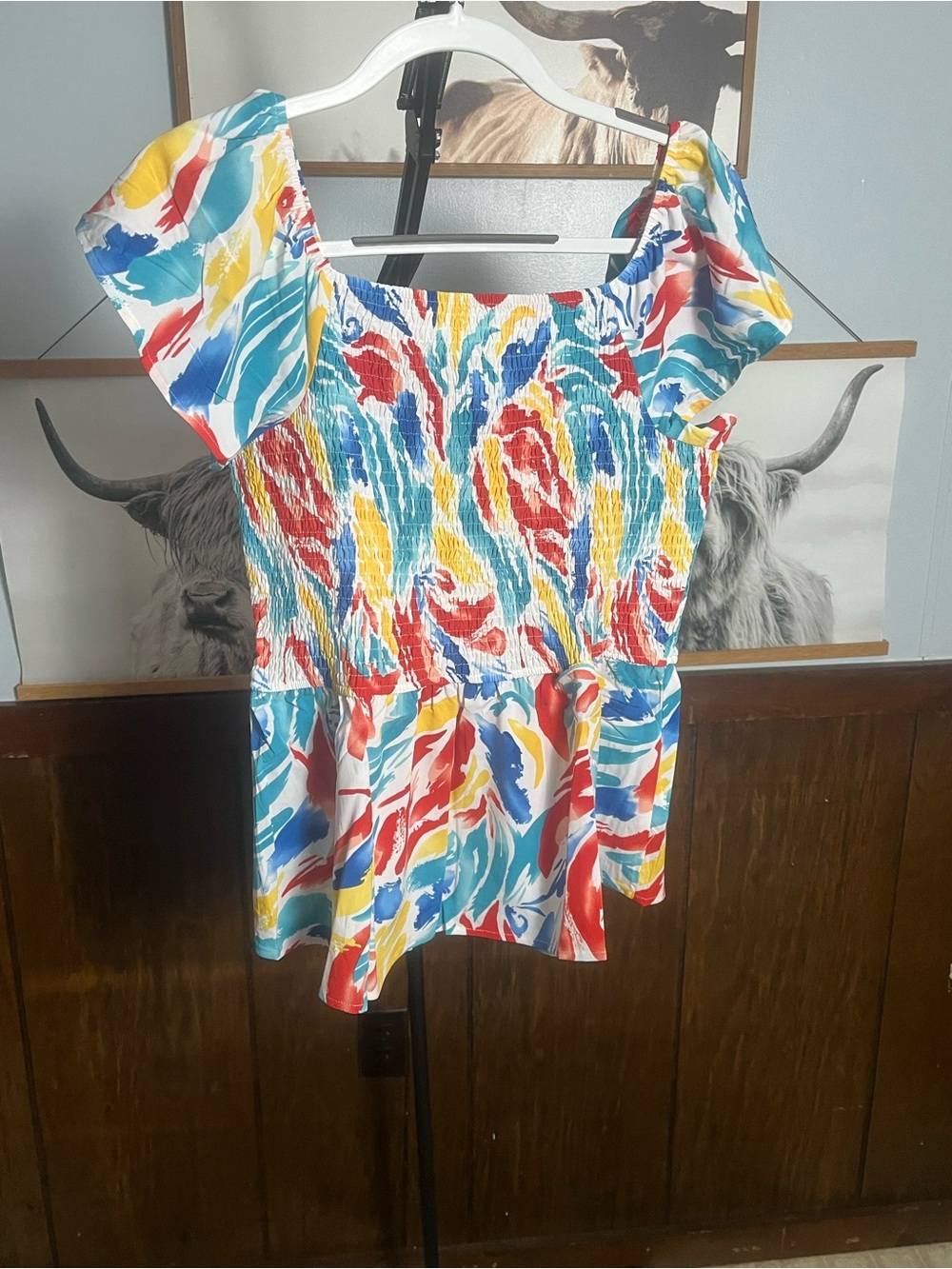 Multicolor Smocked Off-Shoulder Peplum Blouse